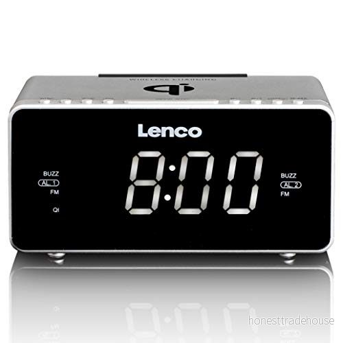 Lenco CR 550SI Stereo FM Clock Radio with USB and Qi Wireless Smartphone charging Silver Vit 8711902036845