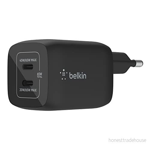 Belkin 65 W dubbel USB Type C väggladdare, snabbladdande Power Delivery 3.0 med GaN teknik, laddare för iPhone 15, 14, 13, 12, iPad Pro, MacBook, Galaxy S24, Pixel, Note, Sony, Tab och fler 745883844074