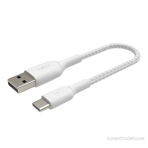 Belkin flätad laddningskabel USB C till för iPhone 15, Plus, Pro, Pro Max, Samsung Galaxy S24, S23, Note 20, Pixel 7, iPad Mini, Nintendo Switch, Type laddningskabel, 15 cm Vit 745883788552