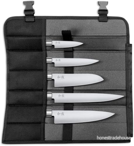 KAI Wasabi Svart knivväska utrustad universalkniv 10 cm, 15 Santoku 16,5 kockkniv 20 skinkkniv 23 cm rostfritt 6A/1K6 polerat stål 58 (±1) HRC 4260163211729
