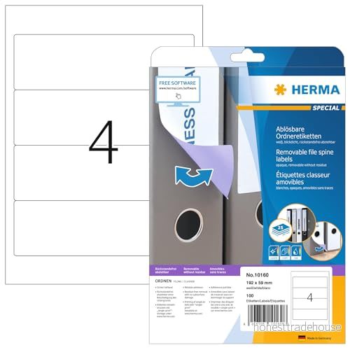 HERMA 10160 mappetiketter A4 avtagbart, kort/bred, set med 32 (192 x 59 mm, 800 ark, papper, matt) självhäftande, utskrivbara, avtagbara och återhäftande mappa ryggetiketter, 3 200 filetiketter, vit 4008705874502