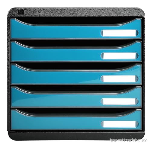 Exacompta Ref 3097282D BIG BOX PLUS 5 facks piedestal för A4+ dokument Utvändiga mått: Djup 34,7 x Bredd 27,8 Höjd 27,1cm Svart/Turkos glansig blå 9002493423596