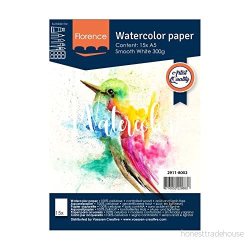VARTA Vaessen Creative Florence akvarellpapper A5, vit, 300 GSM, yta, konstnärskvalitet, 15 ark för målning, handskrift och konstprojekt, slät gsm 8716052229680 VARTA Vaessen Creative Florence akvarellpapper A5, vit, 300 GSM, yta, konstnärskvalitet, 15 ark för målning, handskrift och konstprojekt, slät gsm 8716052229680