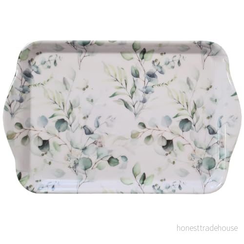 bricka 13 x 21 cm melamin med eukalyptotiv för dekoration och servering liten serveringsbricka kaffe te frukost bordsdekoration vår natur sommar dekorativ modern vit grön 8712159186208