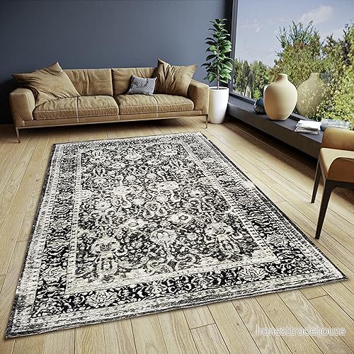 HANSE Home Aseno matta orientalisk löpare klassiskt vävd med kant, vintagelook, lätt glänsande, platt tyg för sovrum, matsal, vardagsrum, hall svart, 200 x 285 cm 4068226000859