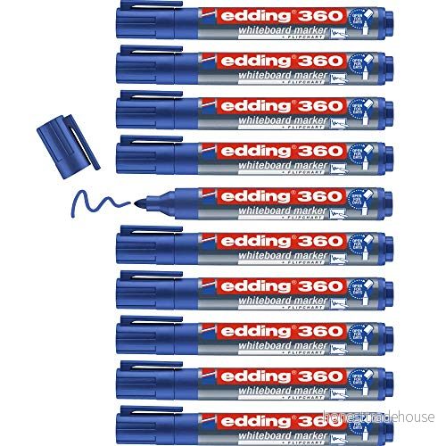 edding 360 whiteboardmarker blå låda med 10 pennor rund spets 1,53 mm torkas bort utan vatten för whiteboard, blädderblock, anslagstavla, memo tavla sketcher går att fylla på 4004764063116
