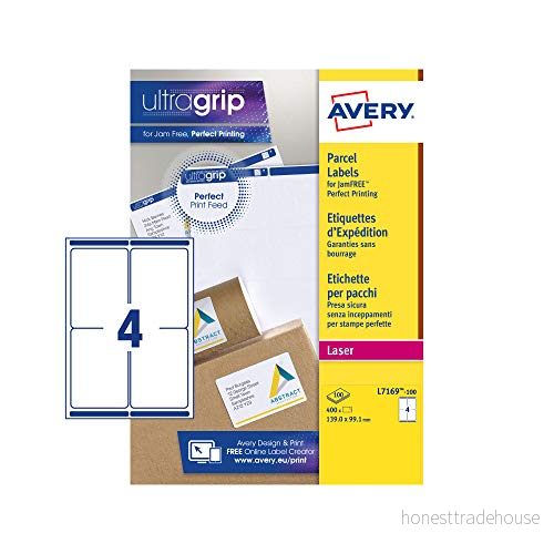 Avery L7169 Självhäftande fraktetiketter för paket, laserskrivare, 4 etiketter per A4 ark, 400 etiketter, UltraGrip, vit 5014702175183