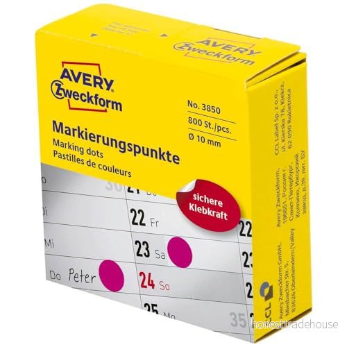 AVERY Zweckform 3850 självhäftande markeringspunkter 800 stycken (Ø 10 mm, prickar på rulle i dispenser, punktklistermärken för färgkodning, runda klistermärken kalender, planerare 4004182038505