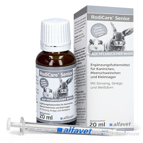 alfavet Rodicare Senior, tilläggsfoder för äldre kaniner, marsvin och smågnagare, med ginseng, ginkgo, hagtorn, utan socker, tonic doseringsspruta, 20 ml 4260215711986