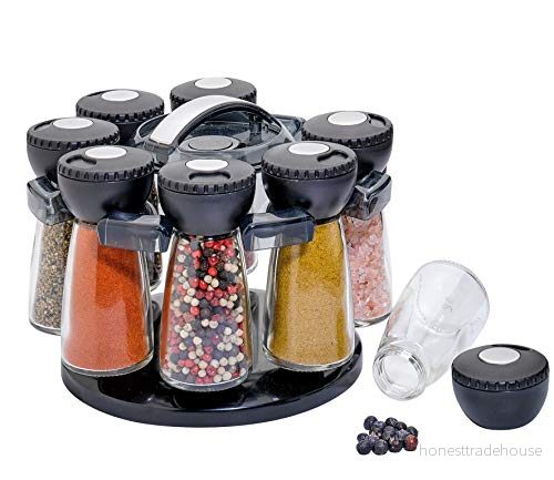 Küchenprofi Kryddställ med 8 ofyllda glas, svart, Ø 20 cm, lock 3 vägs justerbart doseringsval inkl. skrivbara klistermärken, kryddkarusell av robust plast 4007371067461