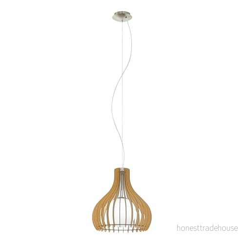 EGLO hänge ljus tindori, lampa vintage, stållampa, trä och glas i nickel matte, lönn, vit, matlampa, vardagsrumslampa hängande med E27 uttag, Ø 50 cm 9002759962142