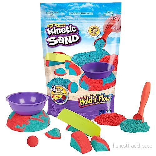 Kinetic Sand Mold n' Flow, 0,7 kg röd och blågrön leksand, 3 verktyg sensoriska leksaker för barn i åldrarna 3+ 778988491652