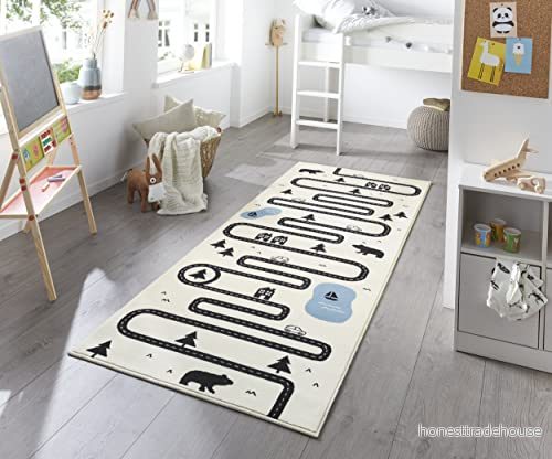 Hanse Home Matta barnrum barnmatta trail pojke flicka lekmatta kort lugg löpare modern lekgata vägmotiv, mjuk lugg, lättskött krämblå, 100 x 250 4262377770733