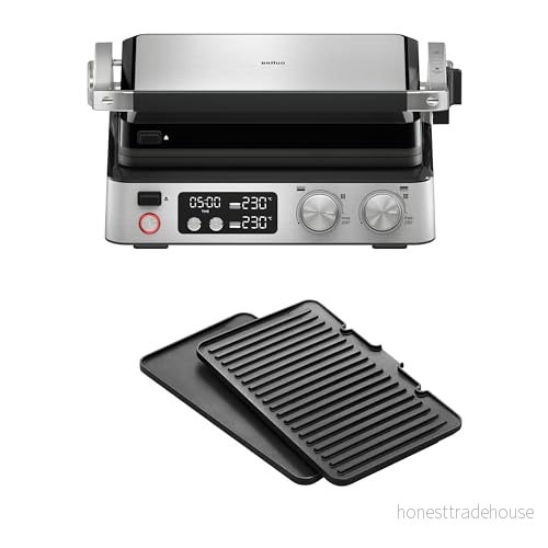 Braun MultiGrill 7 CG 7040 Elektrisk Grill med Elektronisk Kontroll, 2 Oberoende Termostater, 3 Tillagningslägen,Diskmaskinssäkra Plattor, 2000 W, Svart/Inox Stål 8021098002440