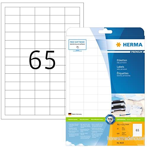HERMA 8629 universella etiketter A4 små, set med 32 (38,1 x 21,2 mm, 320 ark, papper, matt) självhäftande, utskrivbara, permanenta adressetiketter, 20 800 klistermärken, vit 4008705873789
