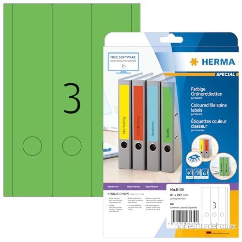 HERMA 5139 mappetiketter A4 bred/lång (61 x 297 mm, 20 ark, papper, matt) självhäftande, utskrivbara, permanenta mappa ryggetiketter, 60 filetiketter, grön 4008705051392
