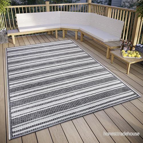 HANSE Home Temu in och utomhatta väderbeständig moderna ränder mönster, vattentät robust yttermatta, platt väv för trädgård, balkong, terrass, vardagsrum grå beige, 63 x 120 cm 4068226001894