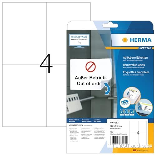 HERMA 5082 universella etiketter A4 avtagbart, stora, set med 32 (105 x 148 mm, 800 ark, papper, matt) självhäftande, utskrivbara, avtagbara och återhäftande adressetiketter, 3 200 klistermärken, vit 4008705873161