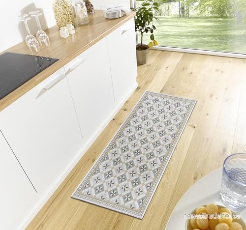 HANSE Home Classic löpare platt vävd matta, halkfri undersida, geometriska mönster kökslöpare köksmatta hög kvalitet för hall, kök, vardagsrum gräddvit grå, 75 x 150 cm 4068226000705