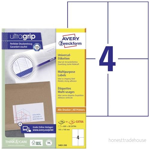 AVERY Zweckform 3483200 universella etiketter (800 plus 80 självhäftande extra, 105 x 148 mm på A4, tryckbara fraktetiketter, fraktklistermärken med ultragrip) 220 ark, vit 4004182249604