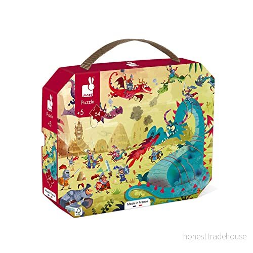 Janod Child Puzzle Dragons 54 Pieces Educational Game Fine Motor Skills and Concentration Case with Handle Made In France Fsc Certified Green Inks from 5 Years Old, J02615 3700217326159