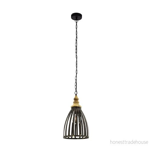 EGLO Pendellampa Oldcastle, 1 lampa, industriell hänglampa, vintage, retro, hängande lampa av stål, trä i svart, brun, matbord, vardagsrum med E27 sockel, Ø 25,5 cm 9002759497866