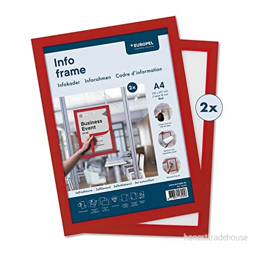 EUROPEL magnetisk självhäftande skärmram i PVC, A4 röd, set 2 delar, flyttbart lim, synlig dubbelsidig, porträtt eller landskap, total storlek 325 x 238 mm 8713931160058