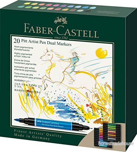 Faber Castell 162020 Pitt Artist Pen Dual Marker bläckpenna, med två spetsar, en penselspets och metallinfattad fiberspets, 20 kartongfodral, flerfärgad 4005401620204
