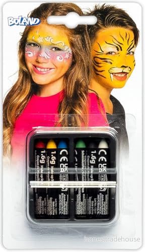 Boland 45060 6 sminkpennor, 1,6 g i röd, gul, blå, grön, svart och vit, kroppsfärg, vattenbas, lätt att sätta upp ta bort, mottoparty, karneval 8712026450609