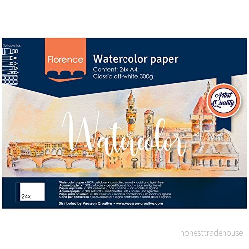 Vaessen Creative Florens A4 Pappersblock A4, Benvit, 300 gsm, Strukturerad Yta, KonStnärskvalitet, Skissbok Med 24 Ark för Målning, Handskrift och KonStprojekt 8716052231775