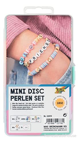 folia 32019 Miniskivpärlset med förvaringslåda, 1 832 delar, 60 x bokstavspärlor, 650 miniskivpärlor, smiley pärlor, pärlor i guld, 2 gummiband vardera m vitt och rosa 4001868127782
