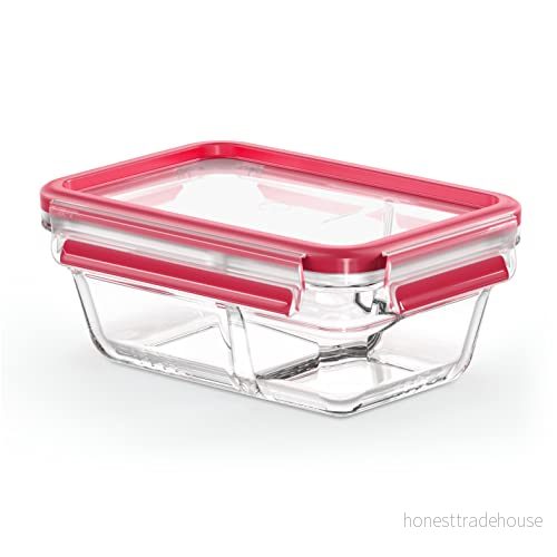 Emsa N10407 Clip & Stäng glas matförvaringsburk inkl. avskiljning 0,8 l stapelbar fryssäker ugnssäker mikrovågsugnssäker 100% tät diskmaskinstålig transparent/röd 4009049537795