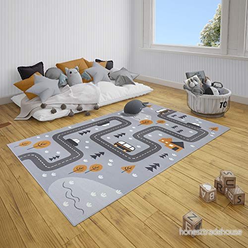 Hanse Home barnmatta lekmatta Dream Street (80 x 150 cm, 100% polypropylen, slitstark och lätt att rengöra, ringformad kandelad, golvmattning), grå senfgul 4260669876286