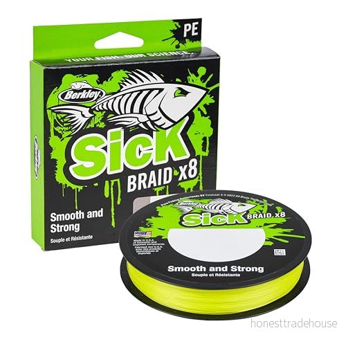 Berkley Sick Flaid 8 strängar flätad fiskelina, superslät bärare multifilament PE fläta rovdjur fiskelina 150/300 m för sötvatten och saltvatten havsfiske, unisex, Hi Viz gul 28632982426