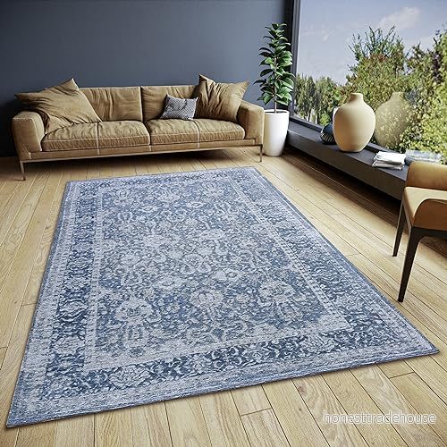 HANSE Home Aseno matta orientalisk löpare klassiskt vävd med kant, vintagelook, lätt glänsande, platt tyg för sovrum, matsal, vardagsrum, hall blå, 160 x 235 cm 4068226000880