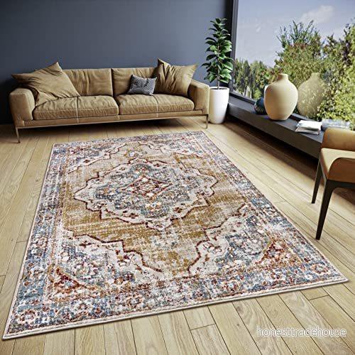 HANSE Home Strozzi Matta orientalisk löpare, klassisk tätt vävd med ornament, vintageutseende, mjuk kort lugg för sovrum, matsal, vardagsrum beige-blå, 160 x 235 cm 4262377775837