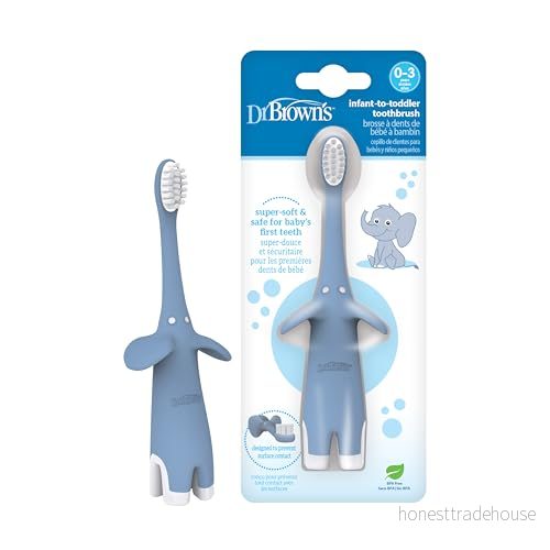 Dr. Brown's spädbarn till småbarns träningtandborste, mjuk för barnets första tänder, blå elefant, 0 3 år 72239303634