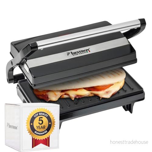 Bestron Elektrisk kontaktgrill med uppsamlingsbricka, smörgåsgrill cool touch handtag, paninimakare non stick beläggning, 700 watt, APM123Z, färg: svart, 22,5 x 14 cm 8712184053902