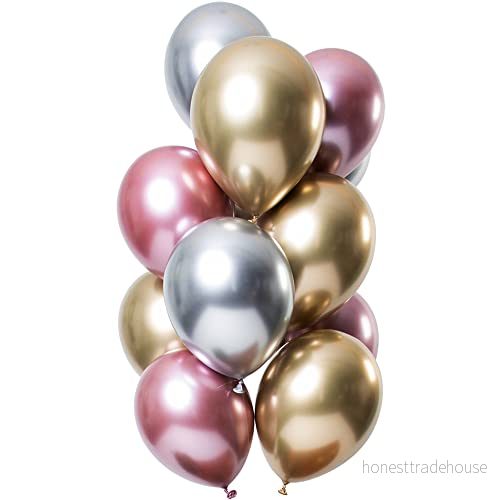 Folat 69716 ballonger Mirror Effect Morganite 33 cm 12 stycken latex helium ballong, födelsedagsdekoration guld, rosa, silver, 30 8714572697163
