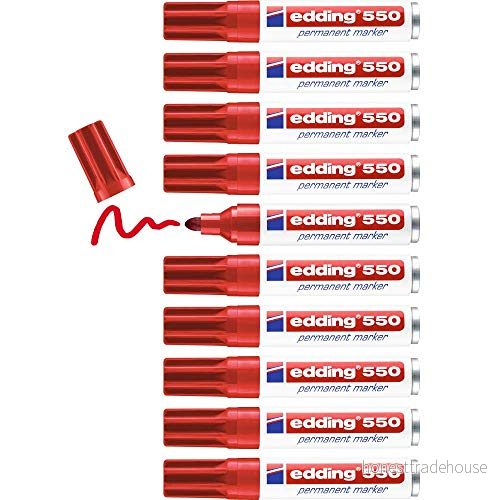 edding 550 permanent markör röd 10 pennor rund spets 34 mm snabbtorkande, vatten och friktionsbeständig för kartong, plast, trä, metall, glas 4004764023806