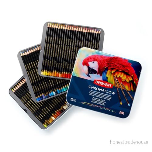 Derwent Chromaflow Färgpennor i Metallask, Set med 72 Pennnor, Rund 3,5mm Bred Färgkärna, Tåligt Stift Av Hög Kvalitet, Lätta Att Blanda, Professionell 2306014, Svart, färger 5028252627535