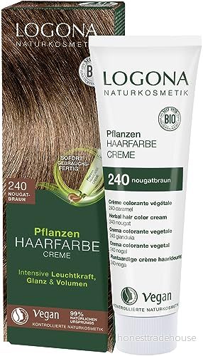 LOGONA Naturkosmetik växt hårfärg kräm 240 nougatbrun, brun naturlig med henna, ton färgkräm, färgning för mörkt hår, 150 ml 4017645017603