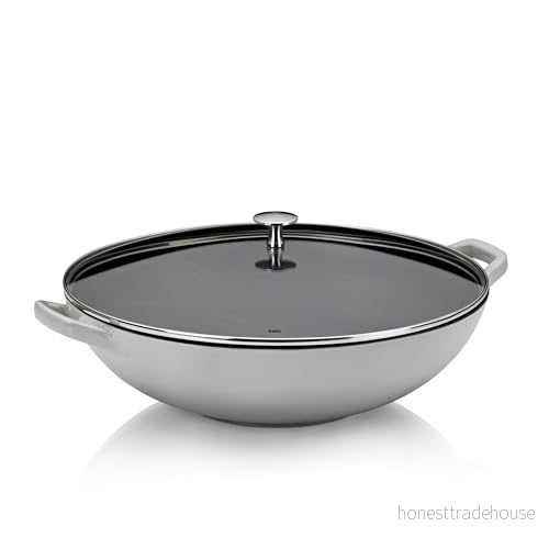 Kela Gjutjärn wok med glaslock 36 cm CALIDO, wokpanna lock, emaljerad, grå 4025457126109