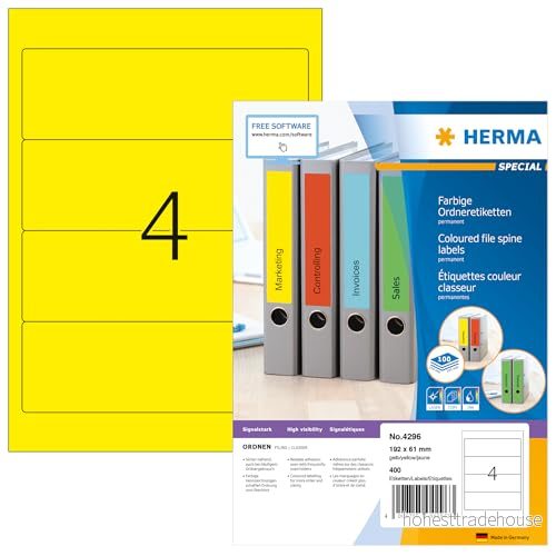 HERMA 4296 mappetiketter A4 kort/bred (192 x 61 mm, 100 ark, papper, matt) självhäftande, utskrivbara, permanenta mappa ryggetiketter, 400 filetiketter, gul 4008705042963