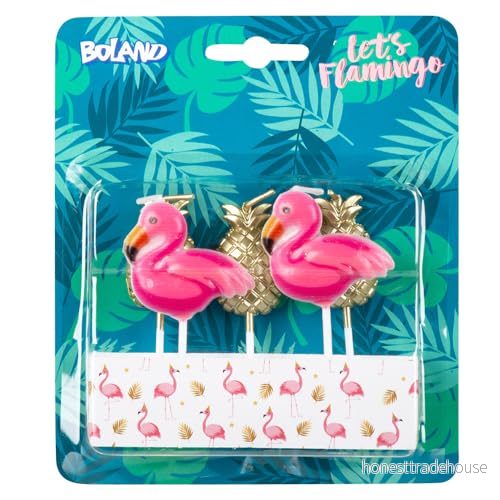 Boland 52564 Stearinljus flamingo ananas, 5 stycken, födelsedagsljus, miniljus, tårtljus, kontakt, spett, rosa, guld, kakor, födelsedag, dagis, dekoration, gåva, trädgårdsfest 8712026525642