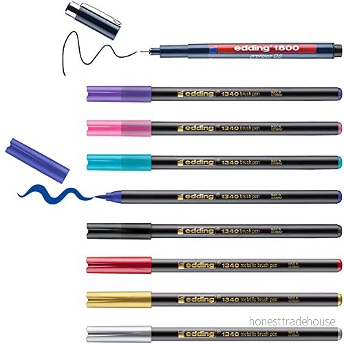 edding Happy Lettering 9+2 set 8 fiberpennor i ljusa och metalliska färger, 1 fineliner perfekt startset för textälskare med gratis presentetiketter färgblandare penselpennor 4057305049940