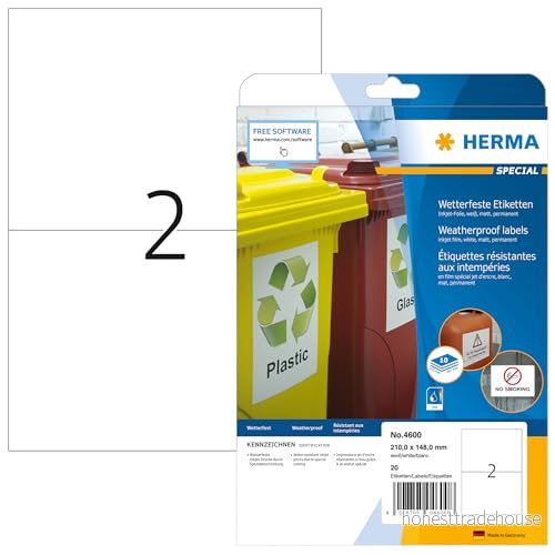 HERMA 4600 väderbeständiga folieetiketter för bläckstråleskrivare A4, set med 32 (210 x 148 mm, 320 ark, folie, matt) självhäftande, utskrivbara, permanenta filmetiketter, 640 klistermärken, vit 4008705930802
