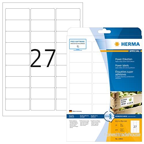 HERMA 10903 power etiketter A4 små, set med 32 (63,5 x 29,6 mm, 800 ark, papper, matt) självhäftande, utskrivbara, extremt stark häftande universella etiketter, 21 600 klistermärken, vit 4008705874748