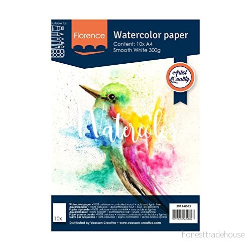 Vaessen Creative 2911 8003 Florence Akvarellpapper A4 i Vitt, Tillverkat av 300 g/M² Slätt Papper, 10 Ark för Akvarellmålning, Textning och Pensel BokStäver, Canvas, Stycken 8716052229697