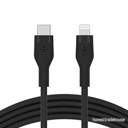Belkin BoostCharge Flex silikon USB typ C till Lightning-kabel (2 m/6,6 fot), MFi-certifierad 20 W snabbladdande PD strömförsörjning för iPhone 13, 12, 11, Pro, Max, Mini, SE, iPad och mer svart 745883832033